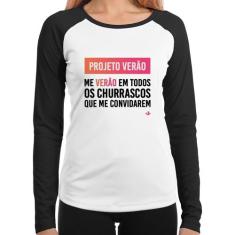 Baby Look Raglan Projeto Verão Manga Longa - Foca na Moda, Branco, Pre