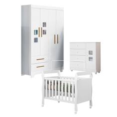 Quarto de Bebê Berço Mini Cama, Cômoda 1 Porta 4 Gavetas e Roupeiro 4 Portas 2 Gavetas Fly Branco
