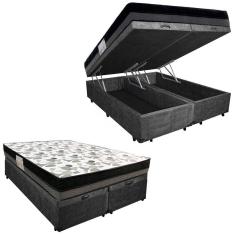 Cama Box Baú Casal Suede Bipartido + Colchão Ortobom Iso Dupla Face 60x138x188 preto