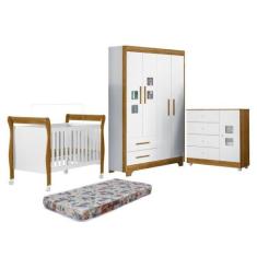 Quarto de Bebê Berço Mini Cama com Colchão, Cômoda 1 Porta 4 Gavetas e