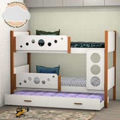 Beliche Solteiro Star Com Cama Auxiliar - Branco Com Castanho Claro + Acompanha Luminária Nuvem