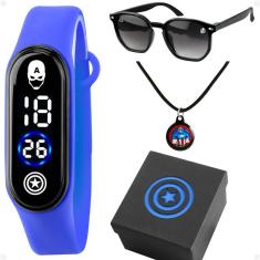 Relogio Infantil Capitão America Oculos Colar Caixa Digital Azul Kids