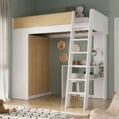 Cama Alta Infantil com Guarda-roupa Mezzo Branco/Olmo Italiano