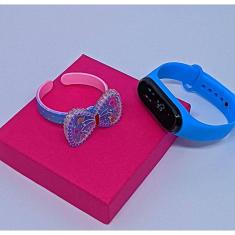 Kit Relógio Digital Led Touch Prova água Menina Esporte + Bracelete Pulseira Infantil 3D desenho animado Presente