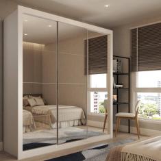 Guarda-Roupa Casal Santos 3 Portas de Correr 4 Gavetas Espelhado Branco - Panorama Móveis