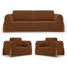Kit 02 Poltronas e 01 Sofá Bloom 200cm 03 Lugares com Pés de Madeira B
