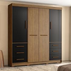 Guarda Roupa Casal 4 Portas 6 Gavetas Estrela Marafon Móveis Nogueira/Preto