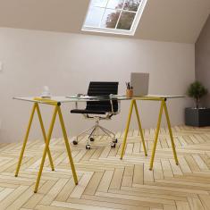 Escrivaninha De Vidro Itaim Cavalete Base Ferro Amarelo - Preto