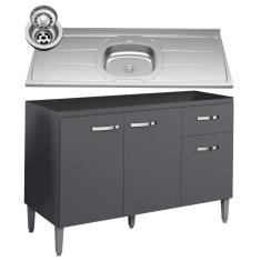 Balcão Gabinete Com Pia Inox 120cm 3 Portas e 1 Gaveta Gabriela Cinza - AJL Móveis