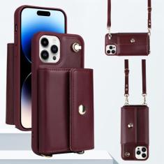 Capa de telefone com alça de ombro tipo carteira para iPhone 15 Pro Max 14 13 12 11 Pro Max 15 Plus 14 Plus Capa traseira com cordão para cartão de couro, vinho tinto, para iPhone 15 Pro