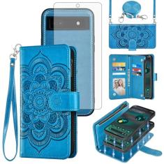 Asuwish Capa de celular para Google Pixel 6A 5G 2022 com zíper carteira magnética destacável com protetor de tela de vidro temperado alça transversal mandala flor porta-cartões Pixel6A A6 mulheres