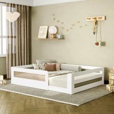 Cama Montessoriana Infantil Space Casal com Rattan e Grade de Segurança em Mdp Casatema Branco