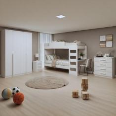 Quarto Infantil com Beliche Olga Cômoda e Criado Baião e Guarda-roupa 