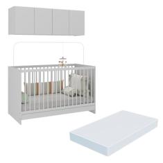 Berço 3 em 1 com Colchão e Armário Aéreo 4 portas Multimóveis Mp4149 Branco