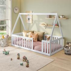 Cama Montessoriana Solteiro Com Grade e Telhado Giulia Casatema Madeir