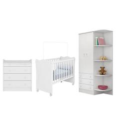 Guarda Roupa Cantoneira, Berço e Cômoda Trocador Branco - Qmovi
