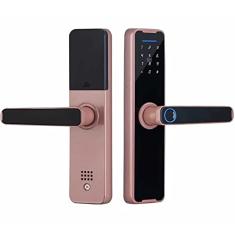 Fechadura Digital de Porta Inteligente Eletrônica de Embutir K7 Pro+ Bluetooth Desbloqueio por Biometria, Senha, Cartão, Chave e Remotamente pelo App Compatível Tuya Encaixe Quadrado Funciona com 4 Pilhas AAA - Vermelha Rose