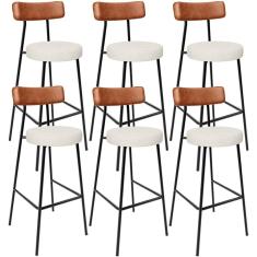 Kit 06 Banquetas Alta Cozinha Sala Jantar Milão L02 Couríssimo Camel Linho Champagne - Lyam Decor