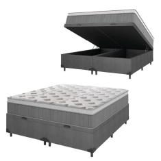 Cama Box Baú Casal Queen Colchão Molas Ensacadas ômega 158x198x73cm Cinza / Branco