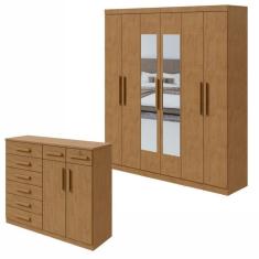 Conjunto de Guarda-Roupa 6 Portas com Espelho Jazz e Cômoda Toronto Amêndoa Clean