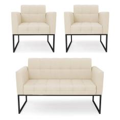 Kit 1 Sofá Namoradeira E 2 Poltronas Linho Base Metálica Industrial Preto - D`rossi Cor A19 Bege