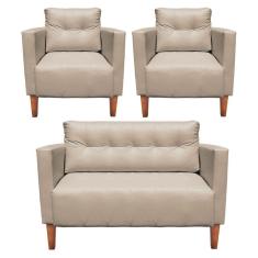 Kit 1 Sofá Namoradeira E 2 Poltronas Livia Corino Pés Chanfrado Castanho D`rossi Cor Bege