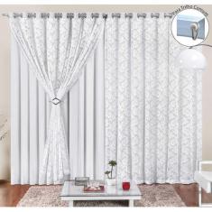Cortina Yasmin 4,00m x 2,50m Branca Trilho Comum Tecido Malha Com Rend