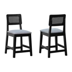 Kit 2 Banquetas Encosto Telinha Assento Estofado - Preto Assento Linho Cinza Mescla Impermeável