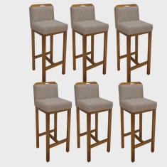Kit 06 Banqueta Alta Com Encosto Simon Cozinha Balcão Bistrô Base Madeira Carvalho Tecido Sintético Bege - Ahazzo Móveis