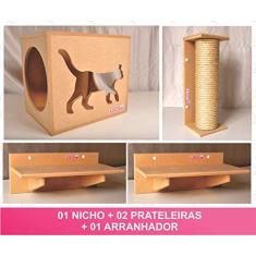 Kit 01 Nicho Gatos + 02 Prateleiras+ 01 Arranhador - Cj 04 pçs