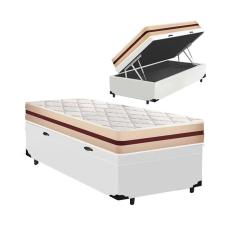 Cama Box com Baú Solteiro King Branca + Colchão De Molas Ensacadas - Anjos - Classic - 96x203x68cm