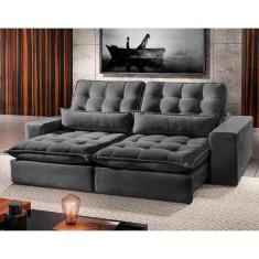 Sofá 4 Lugares Retrátil e Reclinável Bruna 2.50m Veludo Cinza Profundo