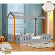 Cama Casal Casinha Montessoriana Ágatha Com Colchão D28 Cinza/Castanho Claro Incluso Luminária