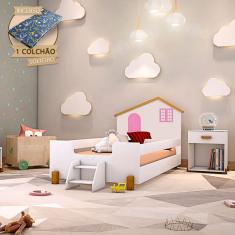 Cama Infantil Solteiro Belissima Rosa - Branca E Castanho Claro + Colchão