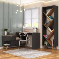 Escritório Completo Desk com Escrivaninha em L com 2 Portas e Estante para Livros Grafite/Nogal