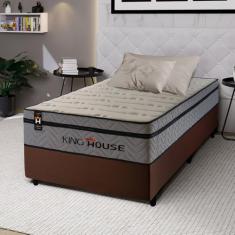 Conjunto Cama Box Marrom c/ Molas Ensacadas Preston Cinza Solteiro 96x203x71