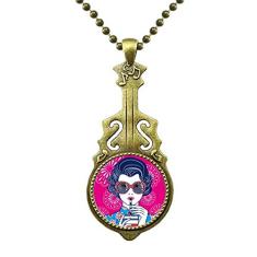 DIYthinker Colar de óculos de mulher vermelha da cultura chinesa com pingente de música de guitarra antiga