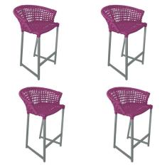Kit 4 Banquetas Reis Em Corda Náutica E Base Em Alumínio Cinza Para área Gourmet Externa Rosa Rosa