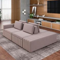 Sofá Ilha com Encosto e Almofadas Móveis Olimpo 265cm Modulado Veludo Rosê G45 - Gran Belo