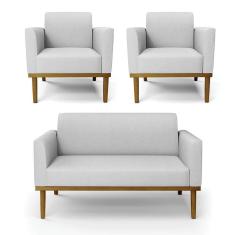 Sofá Namoradeira Com 2 Poltronas Base De Madeira Fixa Castanho Marisa Linho D03 - D`Rossi A05 Cinza