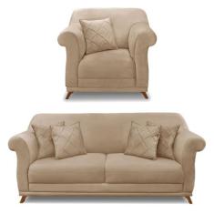 Kit Poltrona e Sofá Living 2 Lugares 1,80m Vênus Suede Pés Castanho - 