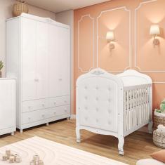 Quarto de Bebê Completo com Berço Mini Cama com Capitonê e Guarda-Roupa 100 mdf Elô New Móveis Peroba