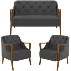 Kit Sofá 02 Lugares Sala Estar 135cm Com 02 Poltronas Coral Pés Madeira M03 Linho Chumbo - Lyam Decor