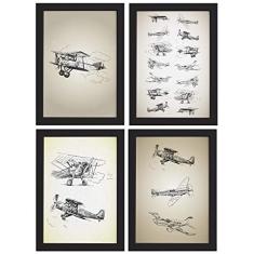 Quadros Vintage Aviões Antigos Moldura Preta 33x43cm 4un