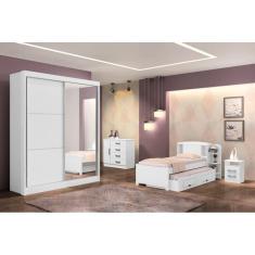 Guarda Roupa Solteiro com Espelho 2 Portas 3 Gavetas - Athenas -Branco - Móveis D`Doro