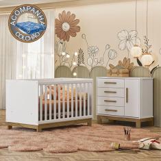 Quarto de Bebê Qencanto Slim com Cômoda 4355 e Berço 4315 Qmovi Branco Acetinado + Colchão Ortobom