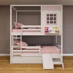 Treliche Casinha Reta com Grade Removível e Escorregador Madeira Maciça Branco/ Rosa Housin