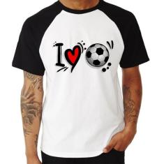 Camiseta Raglan I Love Futebol - Foca na Moda, Branco, Preto, GGG