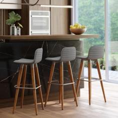 3 Banqueta Alta Com Encosto Tecido Linho Pés de Madeira Com Apoio Para