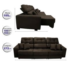 Sofá Retrátil E Reclinável Cama Inbox Diamond 2,72m Tecido Suede Velusoft Café